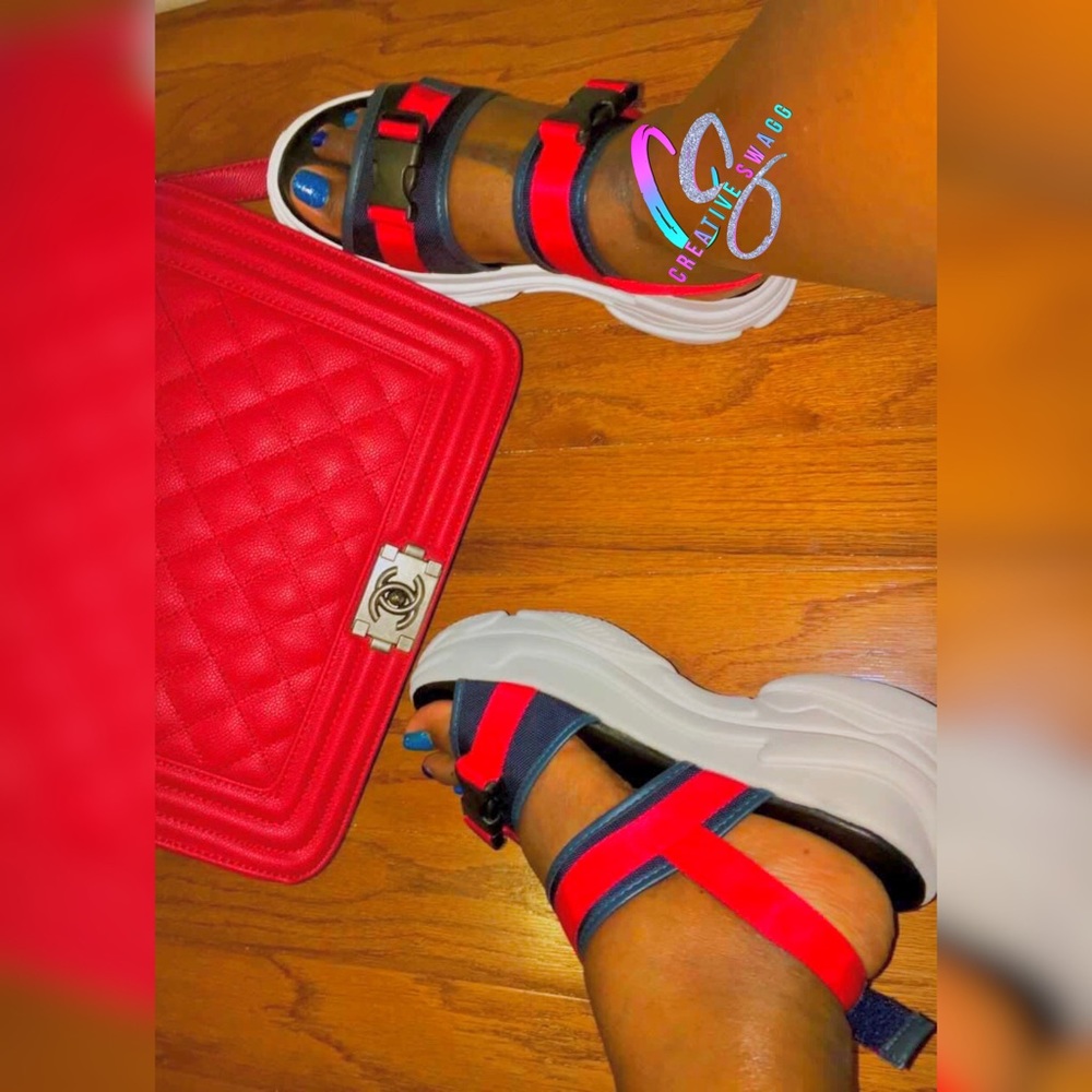 Red and blue platform sandals